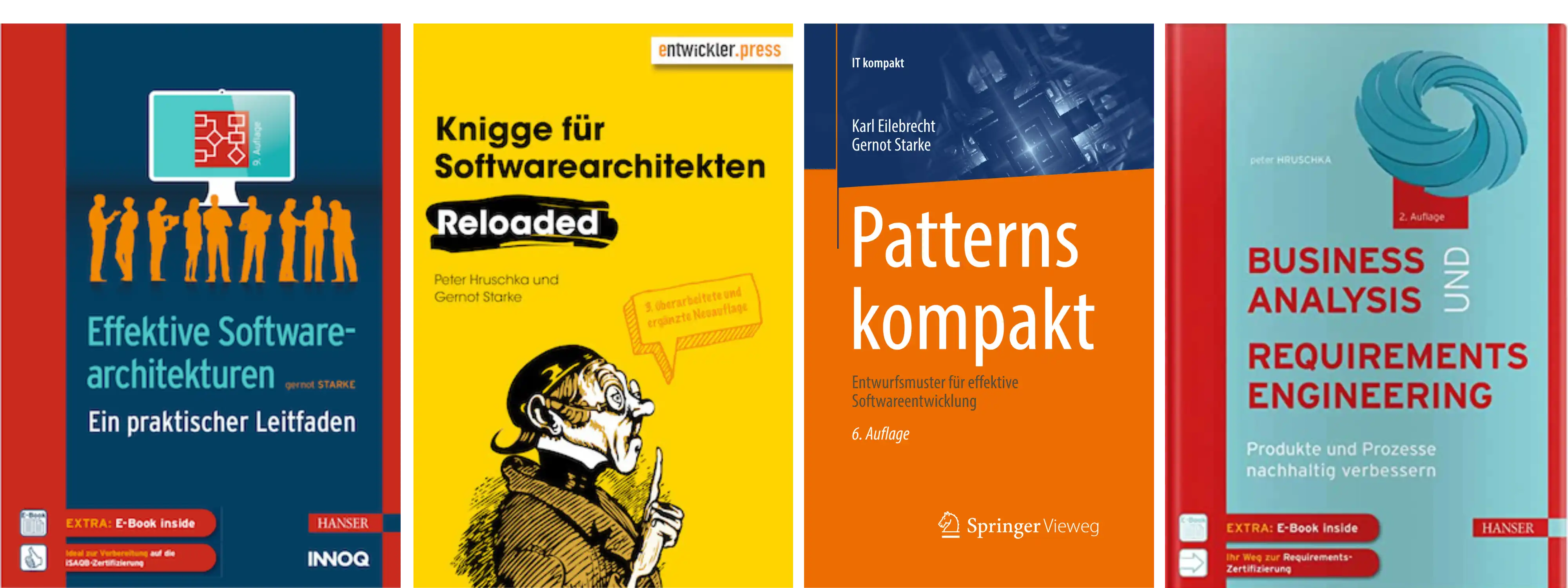 Buchcover von: Effektive Softwarearchitekturen, Knigge für Softwarearchitekten, Patterns-Kompakt und Business Analysis und Requirements Engineering
